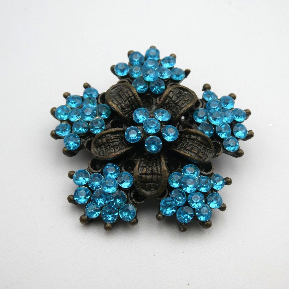 Vintage Antique Bronze Floral Brooch Aquamarine Blue Rhinestone Cluster Pin 1.5"